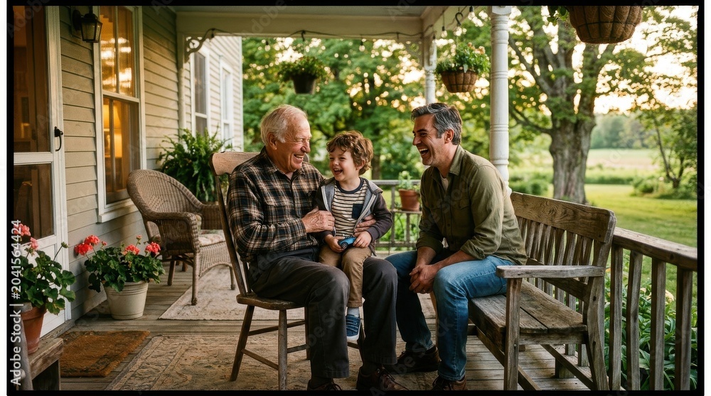 Fototapeta premium Happy Fathers Day porch gathering of three generations laughing together, grandpa, dad and young son sharing stories on a cozy country farmhouse veranda