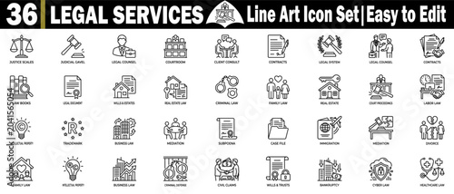 Legal services line art icon set. Containing thirty-six vector symbols for law practice, advocacy, and judicial system processes.