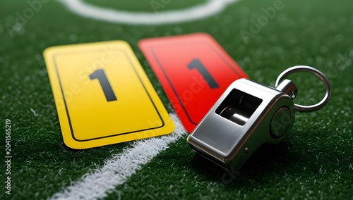 A silver metal referee whistle rests alongside a yellow card and a red card, both displaying the number one