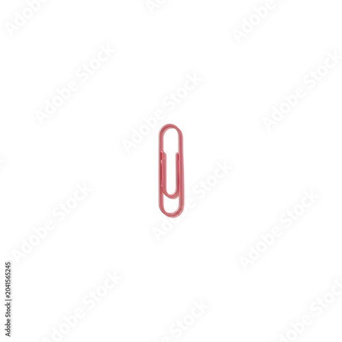 A single pink metallic paperclip positioned vertically and centered on a clean, solid white background