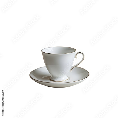 A sleek white porcelain teacup with a minimalist gold rim accent, sitting centered on its matching saucer