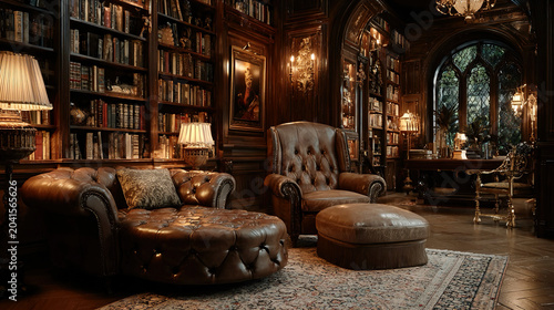 Traditional home library with wooden bookshelves, classic decor, warm ambient lighting, and reading corner creating a quiet, intellectual, and peaceful home environment