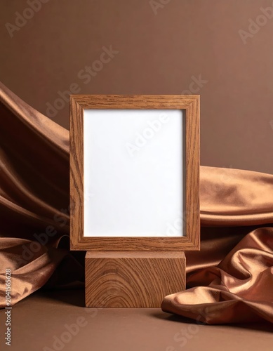 Elegant Wooden Frame Displayed on Textured Block with Flowing Satin Fabric.