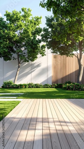 Modern Backyard Landscape Design with Wooden Deck and Lush Green Lawn.