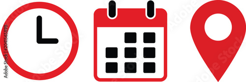 Photos Red Calendar Clock and Location Pin Icons Vector Set for Schedule, Time Tracking