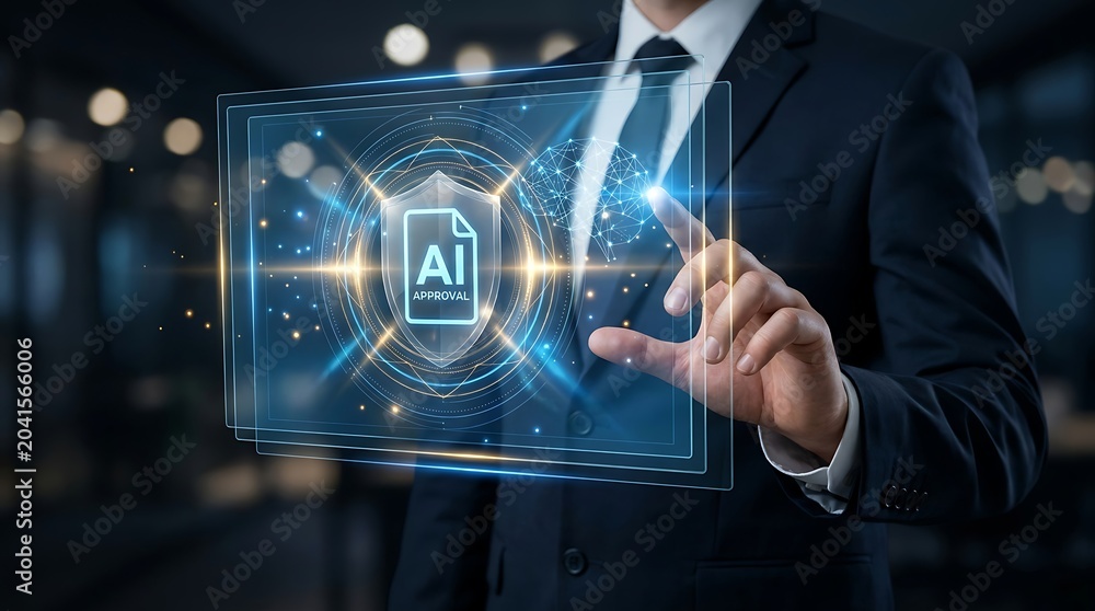 Fototapeta premium Businessman interacting with AI approval digital interface