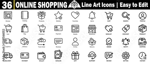 Online shopping line art icons set. Featuring e-commerce store retail logistics, delivery, consumer behavior, and web marketing.