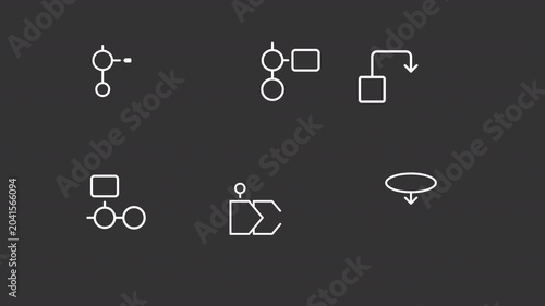 Animated timeline types white line icons. Business data processing animation set. Diagrams of workflow organization. Sequential steps. Isolated elements on dark background. Alpha channel HD video
