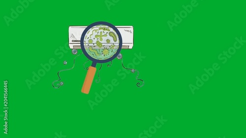 2d animated Magnifying glass virus inspection zoom close up layout frame animation on green screen. Examining air conditioner filter dust bacteria germs dirt mold particles with loupe lens tool