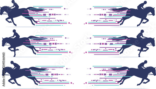 Abstract Horse Racing Silhouette Set with Digital Glitch Motion Trails and Speed Lines for Equestrian Sports Technology Graphic Designs