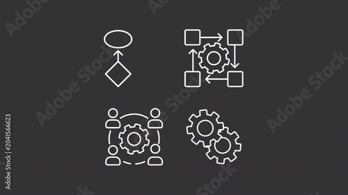 Animated operational timelines white line icons. Interaction coordination animation set. Organization function connection. Isolated elements on dark background. Alpha channel HD video