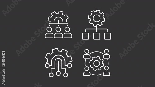 Animated management charts white line icons. Workflow organization animation set. Team members interactions. Business diagrams. Isolated elements on dark background. Alpha channel HD video