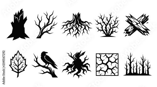 Spooky Forest Branch and Dead Tree Roots Vector Icons Set