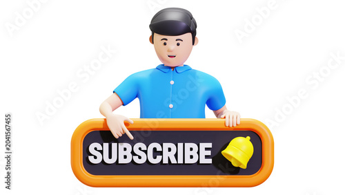 Fotografie 3D cartoon character pointing at subscribe button with notification bell