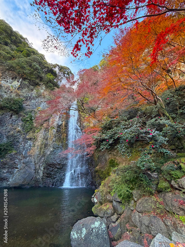 Minoh waterfall in autumn colorful at Minoh natural park Osaka Japan.