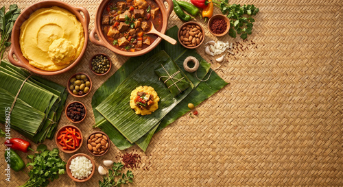 Flat lay of Hallaca ingredients on woven palm leaf, copy space