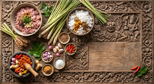 Flat lay of Sate Lilit ingredients on Balinese carving, copy space