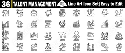 Talent management line art icons. Featuring human resources recruitment training, leadership, and employee career.
