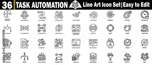 Task automation line art icon set. Including workflow designer data transformation script execution and process loop symbols.