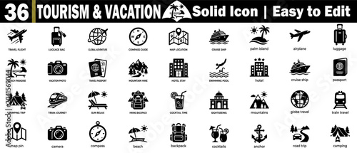 Tourism and vacation icon set. Collection travel flight, cruise ship, hotel stay, passport, camera, and outdoor camping activity symbols.