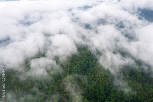 Landscape of Morning Mist with Mountain Layer. mountain ridge and clouds in rural jungle bush forest