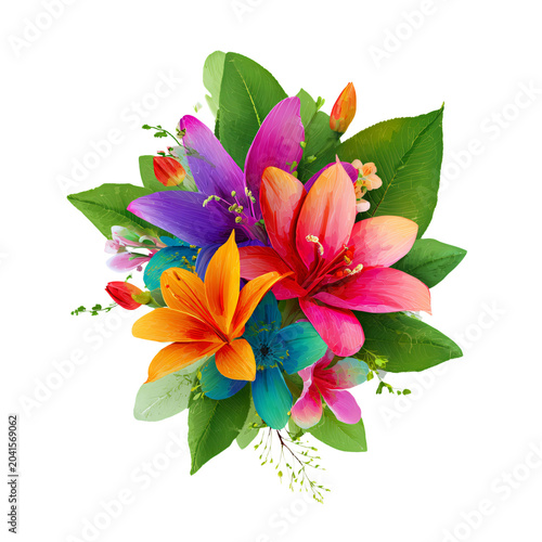 Vibrant Tropical Flower Bouquet with Lush Green Foliage for Elegant Designs