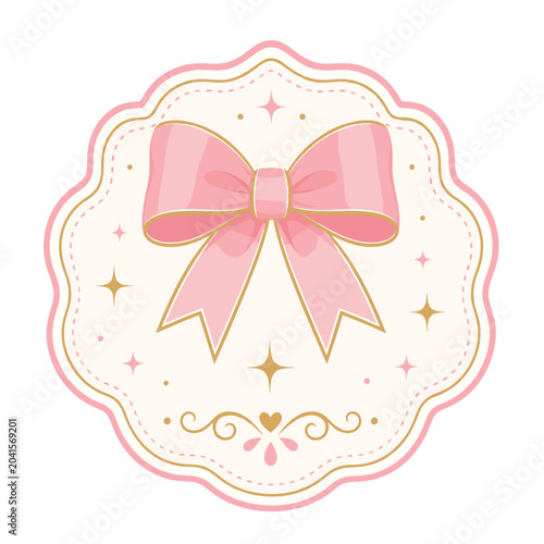 Pink bow badge displays a soft aesthetic with elegant ribbons and sparkling stars arranged in a circular frame to signify gift wrapping services or feminine product packaging for various brands.