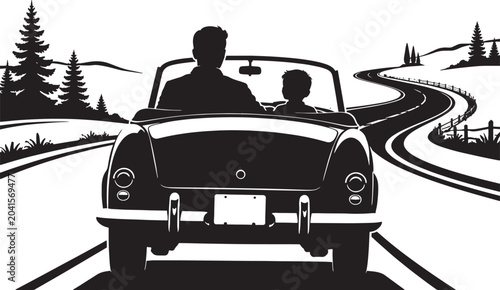 Romantic Couple Driving Convertible Car on Scenic Countryside Road Silhouette Vector Illustration
