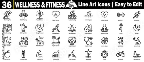Bild auf Leinwand Wellness and fitness line art icons for a healthy lifestyle and exercise vector collection