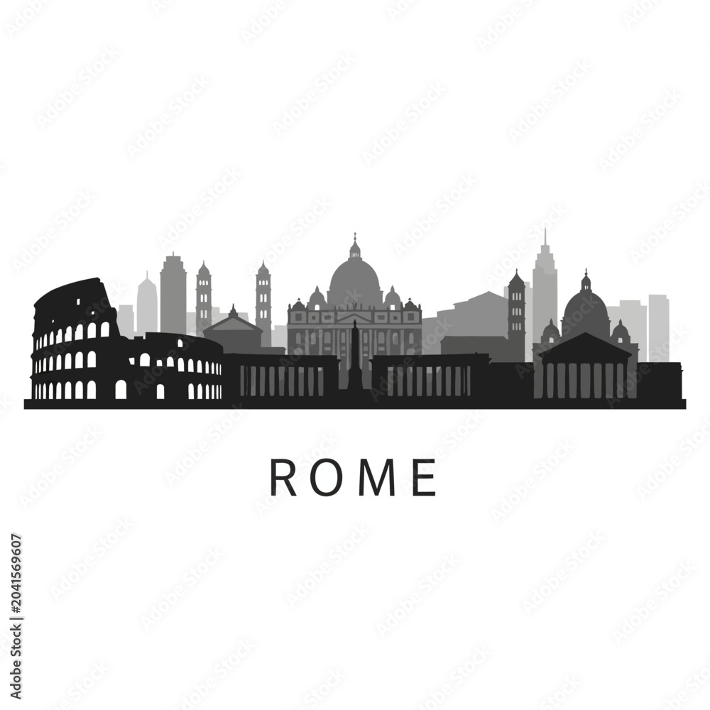 Obraz premium Rome City Skyline Silhouette, Iconic Landmarks Illustration, Black and White Graphic
