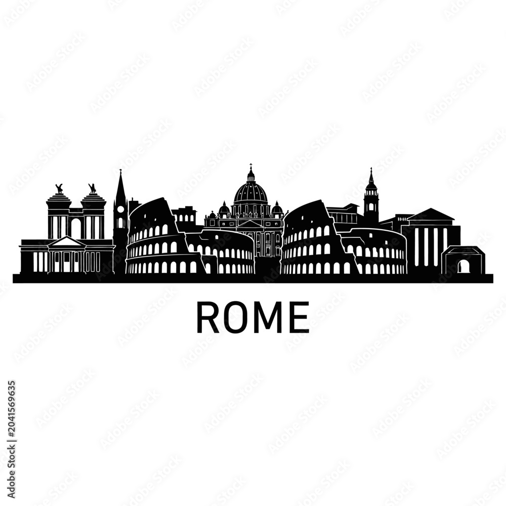 Obraz premium Rome City Skyline Silhouette, Iconic Landmarks Illustration