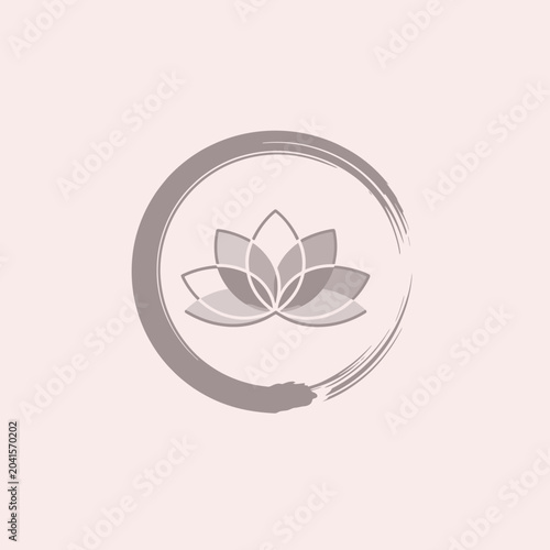 A minimalist lotus flower icon inside a circular brush stroke
