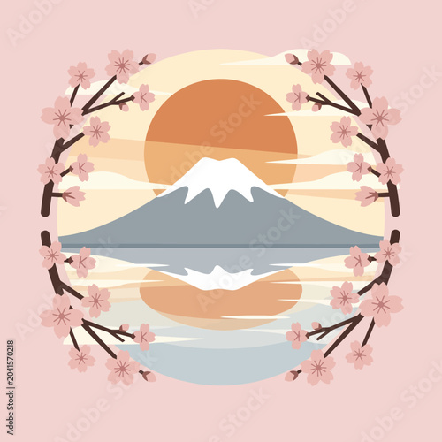 A beautiful illustration of a mountain, sun and cherry blossoms in a circle