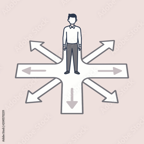 A person stands at a crossroads with multiple directional arrows pointing away