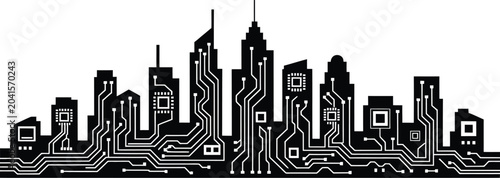City skyline silhouette with integrated electronic circuit board patterns in flat style network
