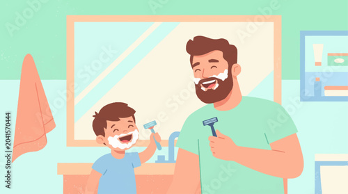 Father and son shaving together in bathroom.