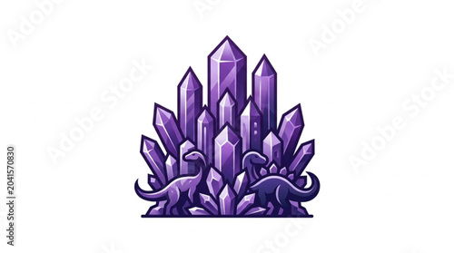 Photos Purple Crystal Formation with Dinosaurs Illustration.