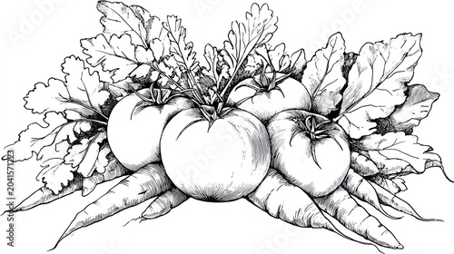Hand drawn illustration depicts a clustered arrangement of fresh root vegetables and round fruits with foliage