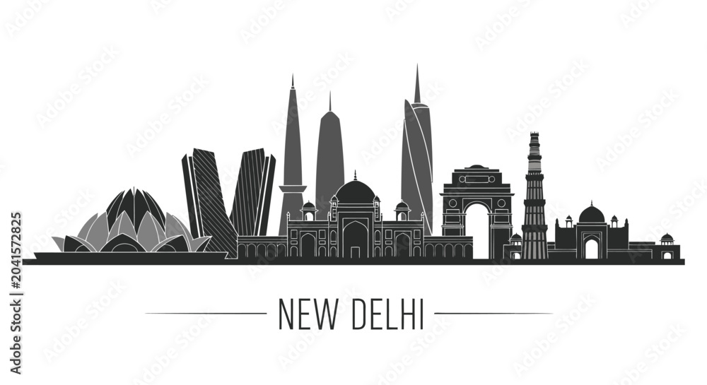 Fototapeta premium New Delhi Skyline Silhouette: Iconic Indian Cityscape Black and White