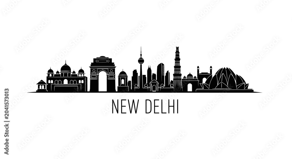 Fototapeta premium New Delhi Skyline Silhouette: Indian Cityscape Monochrome Vector