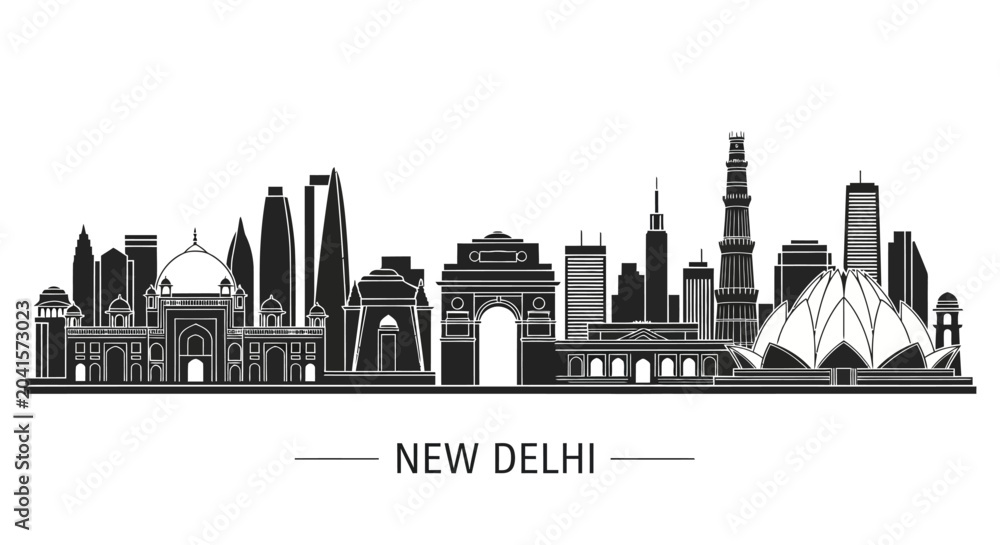 Obraz premium New Delhi Skyline Silhouette: Indian Cityscape Vector Illustration
