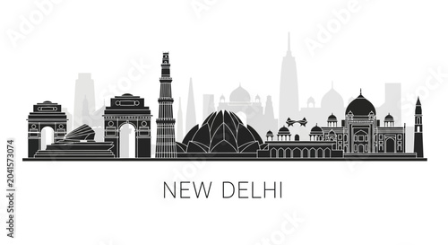New Delhi skyline silhouette, landmark buildings, architecture illustration