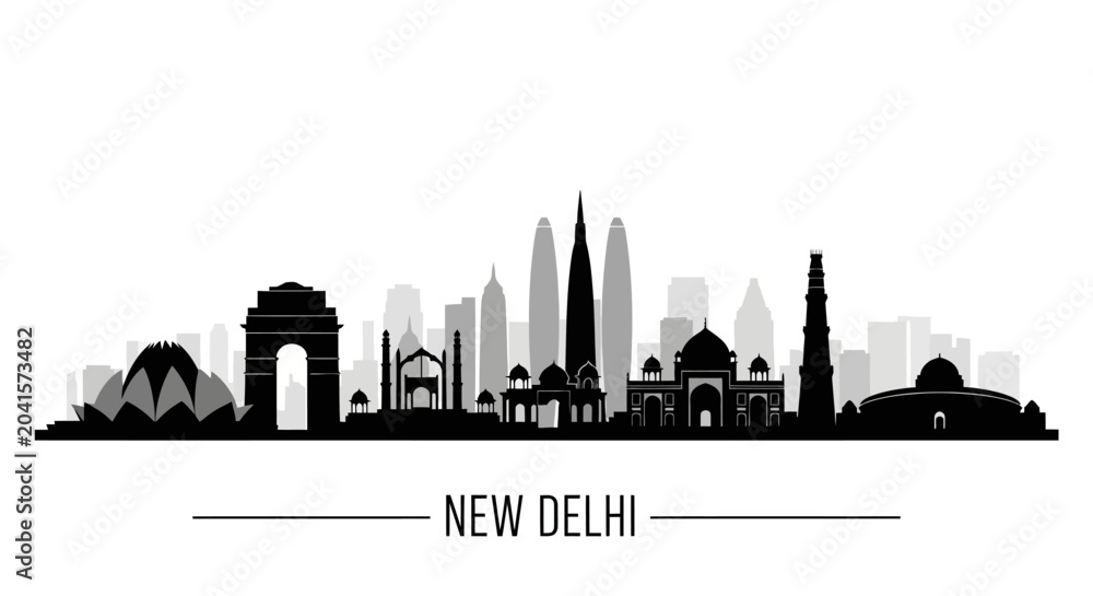 Obraz premium New Delhi Cityscape Silhouette - Iconic Landmarks, Monochrome