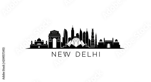 New Delhi City Skyline Silhouette - Black and White Vector