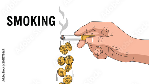Hand holds a lit cigarette with gold coins falling out of it instead of ash symbolizing the financial cost of smoking and lost savings.