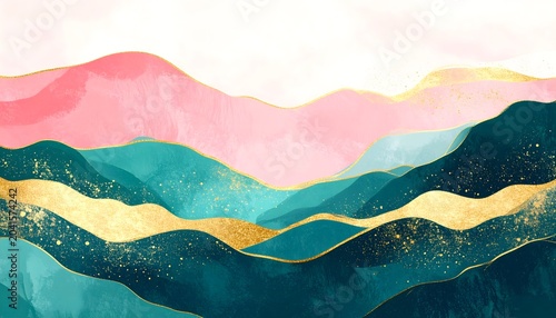 Abstract alcohol ink fluid art background with emerald green, soft pink, and shimmering gold veins