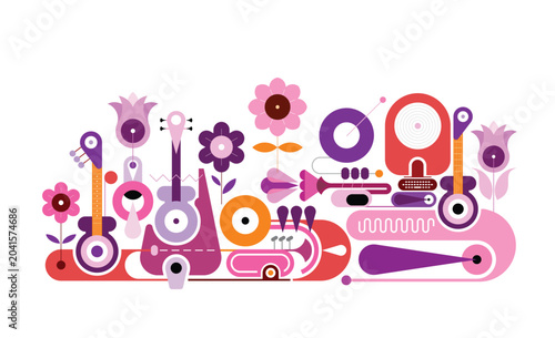 Music And Flowers vector illustration. Modern flat style design with musical instruments and flowers isolated on a white background.