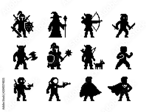 Fotografie Pixel Art Fantasy Characters, 12 Retro Game Icons, Warrior Wizard Archer Rogue S