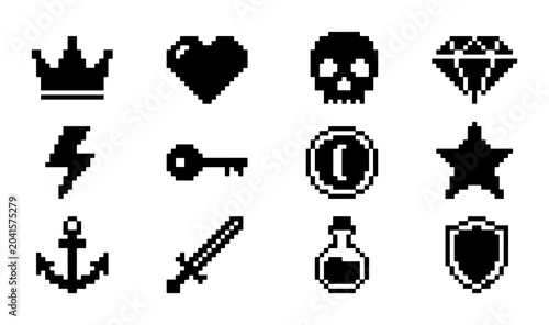 Retro Pixel Art Icons Set: Crown, Heart, Skull, Diamond, Lightning, Key, Coin, Star, Anchor, Sword, Potion, Shield for Game Design and UI Elements