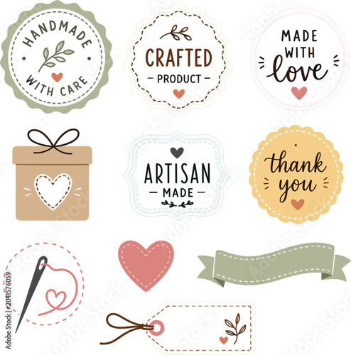 Artisan craft elements including handmade labels, gift boxes, and sewing needles are arranged as a collection of cute stickers perfect for custom branding or decorative scrapbooking projects today.